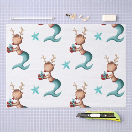 赤とティール（緑がかった色）の人魚トナカイと星のクリスマス 薄葉紙 (クラフト)
