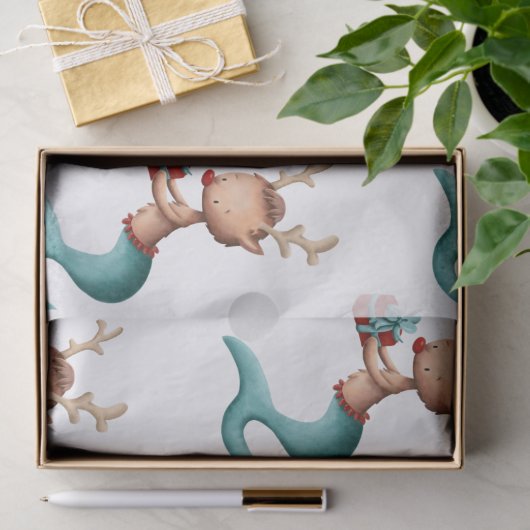 赤とティール(緑がかった色)の人魚トナカイと星のクリスマス 薄葉紙