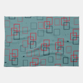 赤とティール（緑がかった色）の四角形の喜び キッチンタオル (横)