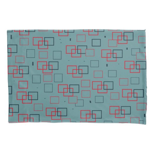 赤とティール（緑がかった色）の四角形の喜び 枕カバー (正面)