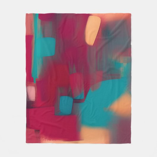 赤とティール(緑がかった色)の抽象芸術ブレンド フリースブランケット (正面)