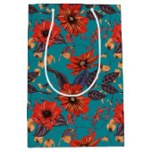 赤とティール（緑がかった色）の花柄 ミディアムペーパーバッグ (正面)