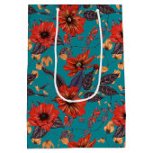 赤とティール（緑がかった色）の花柄 ミディアムペーパーバッグ (裏面)