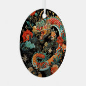 赤とティール(緑がかった色)アジアのドラゴンと花 メタルオーナメント (正面右)