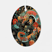 赤とティール(緑がかった色)アジアのドラゴンと花 メタルオーナメント (正面左)