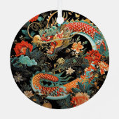 赤とティール(緑がかった色)アジアのドラゴンと花 メタルオーナメント (裏面)