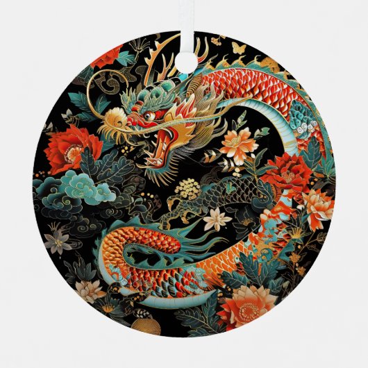 赤とティール(緑がかった色)アジアのドラゴンと花 メタルオーナメント (正面)