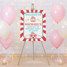 赤とティール（緑がかった色）サーカスカーニバル誕生日ウェルカムサイン ポスター