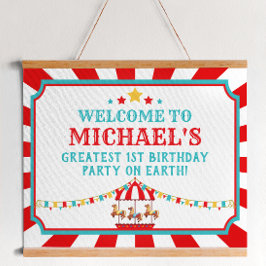 赤とティール（緑がかった色）サーカスカーニバル誕生日ウェルカムサイン ポスター