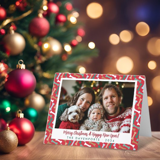 赤とティール(緑がかった色)ドッグボーンズ模様クリスマスペットの写真 シーズンカード