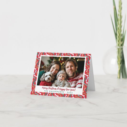 赤とティール（緑がかった色）ドッグボーンズ模様クリスマスペットの写真 シーズンカード (正面)