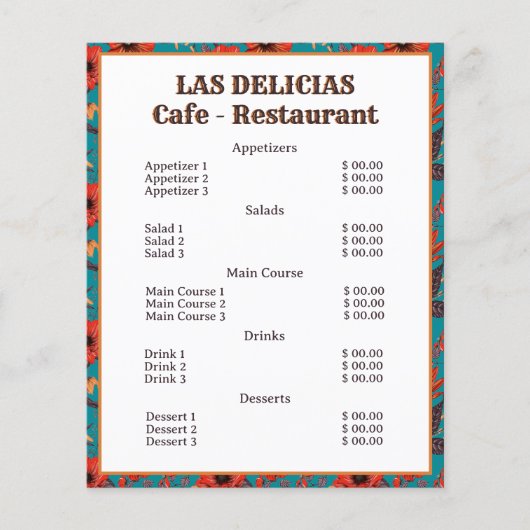 赤とティール（緑がかった色）フローラルパターンカフェレストランメニュー (正面)