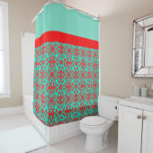 赤とティール（緑がかった色）フローラ シャワーカーテン (インサイチュ)