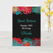 赤とティール(緑がかった色)ブルーアルコールインクスウィート16 カード (黄色い花)