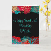 赤とティール（緑がかった色）ブルーアルコールインクスウィート16 カード (黄色い花)