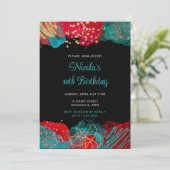 赤とティール(緑がかった色)ブルーアルコールインク誕生日パーティー 招待状 (スタンド正面)