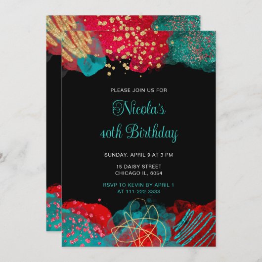 赤とティール(緑がかった色)ブルーアルコールインク誕生日パーティー 招待状 (正面/裏面)