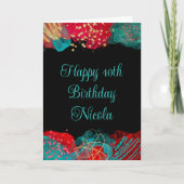 赤とティール（緑がかった色）ブルーアルコールインク誕生日 カード (正面)