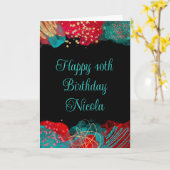 赤とティール（緑がかった色）ブルーアルコールインク誕生日 カード (黄色い花)