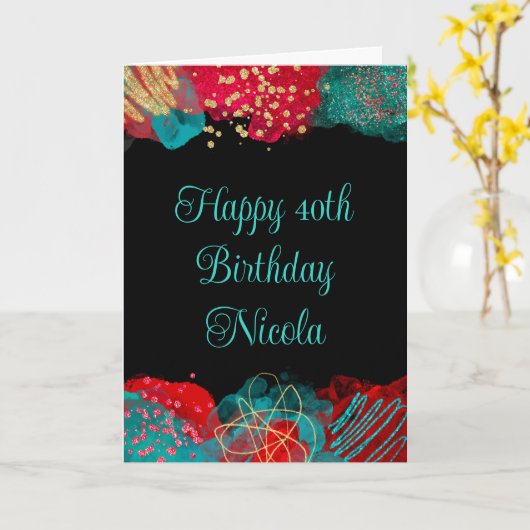 赤とティール（緑がかった色）ブルーアルコールインク誕生日 カード (黄色い花)