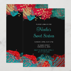 赤とティール(緑がかった色)ブルーアルコールインクSweet sixteen 招待状