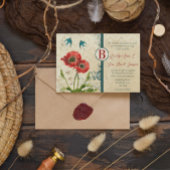 赤とティール（緑がかった色）ブルーラブバードダマスクポピー結婚ズ 招待状