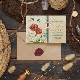 赤とティール（緑がかった色）ブルーラブバードダマスクポピー結婚ズ 招待状