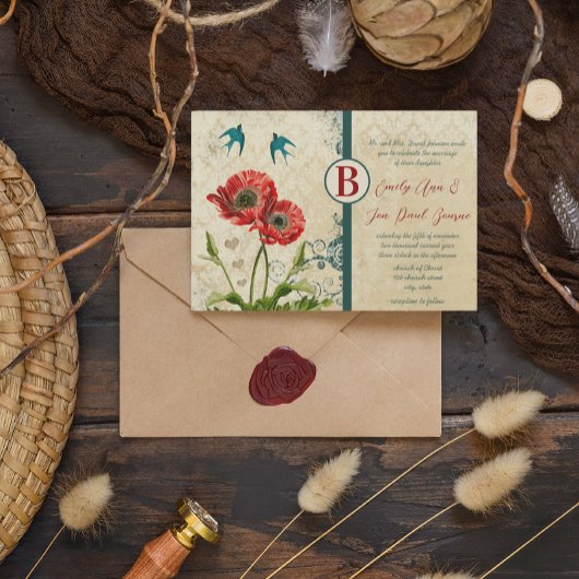 赤とティール(緑がかった色)ブルーラブバードダマスクポピー結婚ズ 招待状