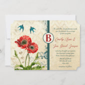 赤とティール(緑がかった色)ブルーラブバードダマスクポピー結婚ズ 招待状 (正面)