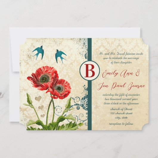 赤とティール（緑がかった色）ブルーラブバードダマスクポピー結婚ズ 招待状 (正面)