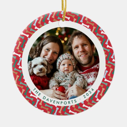 赤とティール(緑がかった色)骨パターンドッグファミリー2枚の写真 セラミックオーナメント (正面)