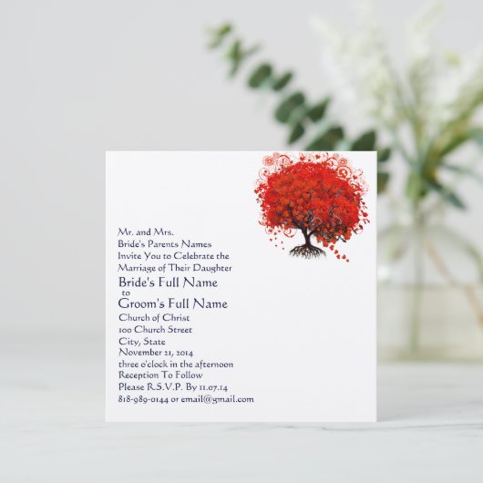 赤とネイビーのハートリーフツリー結婚式招待状 招待状 (スタンド正面)