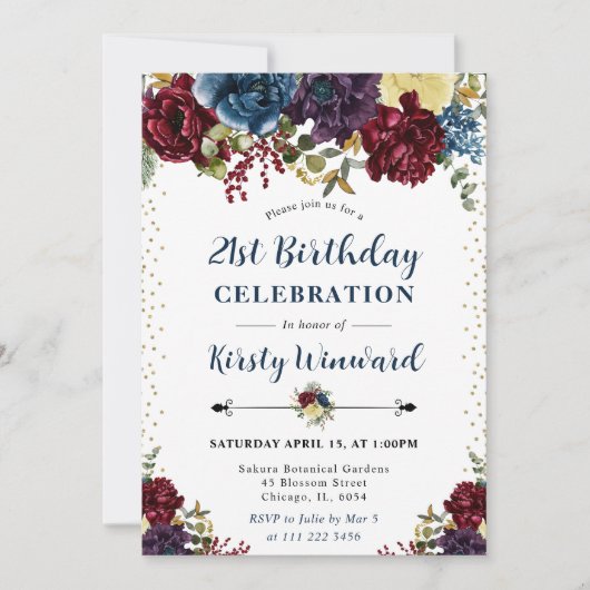 赤とネイビーの冬の花 21歳の誕生日 招待状 (正面)