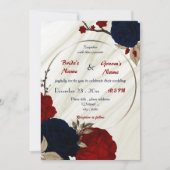 赤とネイビーの青のフローラ幾何結婚図形 招待状 (正面)