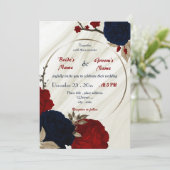 赤とネイビーの青のフローラ幾何結婚図形 招待状 (スタンド正面)