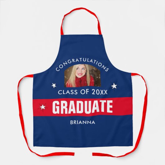 赤とネイビーブルーの卒業写真 エプロン (正面)