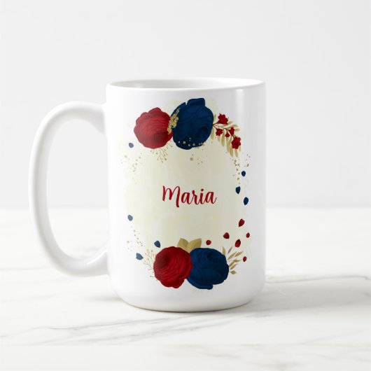 赤とネイビーブルーの花とゴールドの葉の結婚式 コーヒーマグカップ (左)