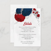 赤とネイビーブルーの花と銀の葉の植物婚礼 エンクロージャーカード (正面/裏面)