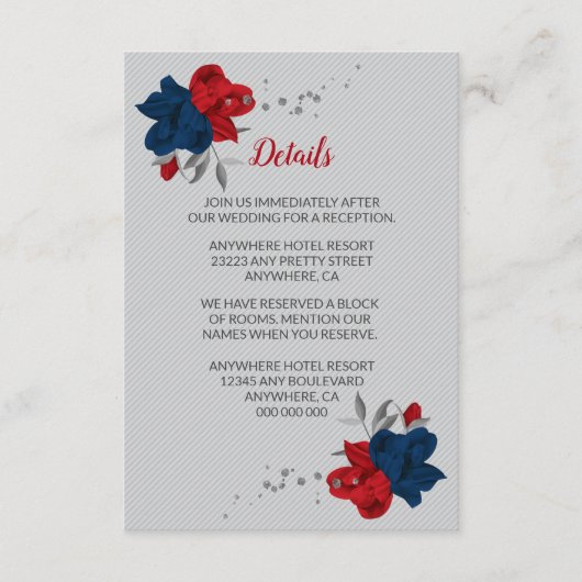赤とネイビーブルーの花にシルバーの葉とキュートな蕾のディテール エンクロージャーカード (正面)