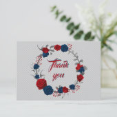 赤とネイビーブルーの花グレイ葉リース サンキューカード (スタンド正面)