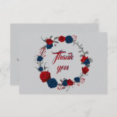 赤とネイビーブルーの花グレイ葉リース サンキューカード (正面/裏面)