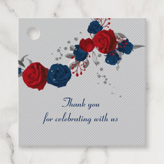 赤とネイビーブルーの花グレーメッセージカード フェイバータグ (正面)