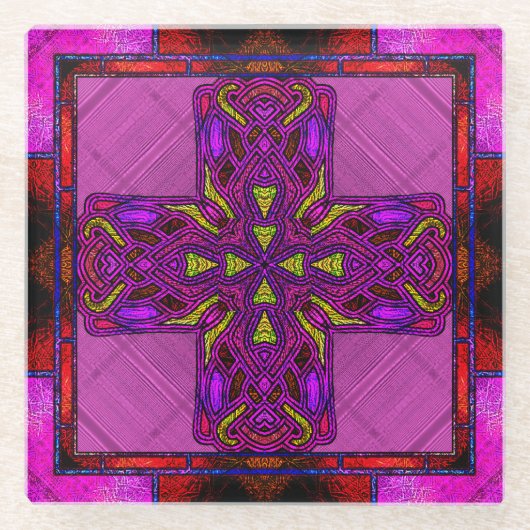 赤とバラのステンドグラスケルト十字 ガラスコースター (正面)