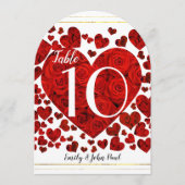 赤とバラのハート結婚のテーブル番号カード 招待状 (正面)