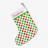赤とパーソナライズされた緑の水玉模様クリスマス スモールクリスマスストッキング (裏面 (吊り時))