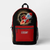 赤とパーソナライズされた黒のロケットバックパック プリントバックパック (正面)