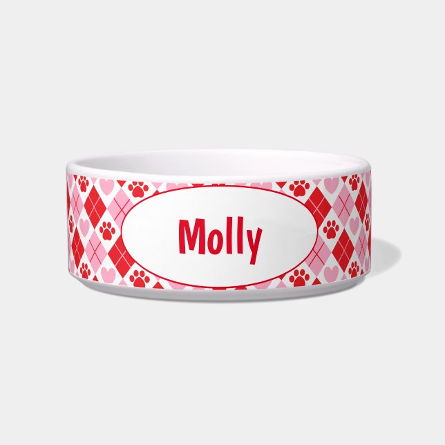 赤とピンクとアーガイルハートのポープリント ボウル (正面)