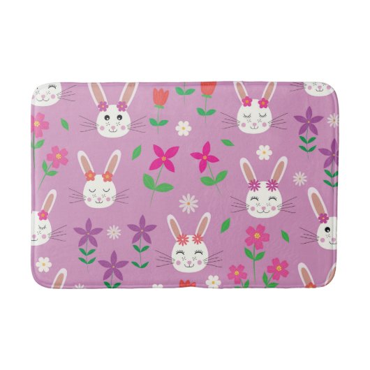 赤とピンクと紫の花のキュートなイースターバニー バスマット (正面)