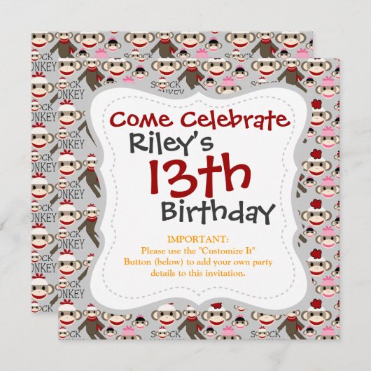 赤とピンクのくつろぎのかわいい猿のコラージュパターン 招待状 (正面/裏面)