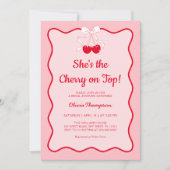 赤とピンクのさくらんぼオンブライダルシャワー 招待状 (正面)